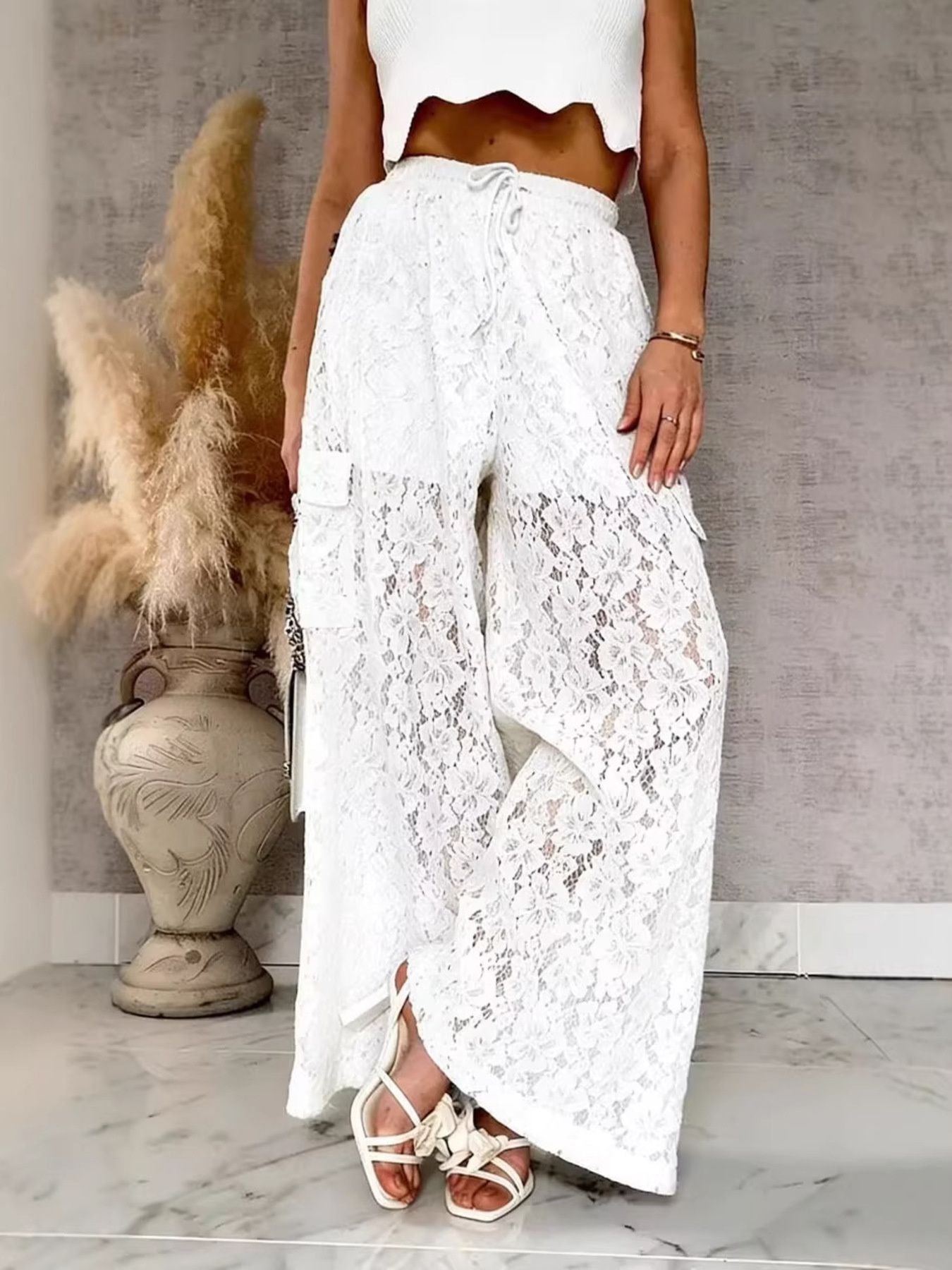 Wide-Leg Lace Pants with Drawstring