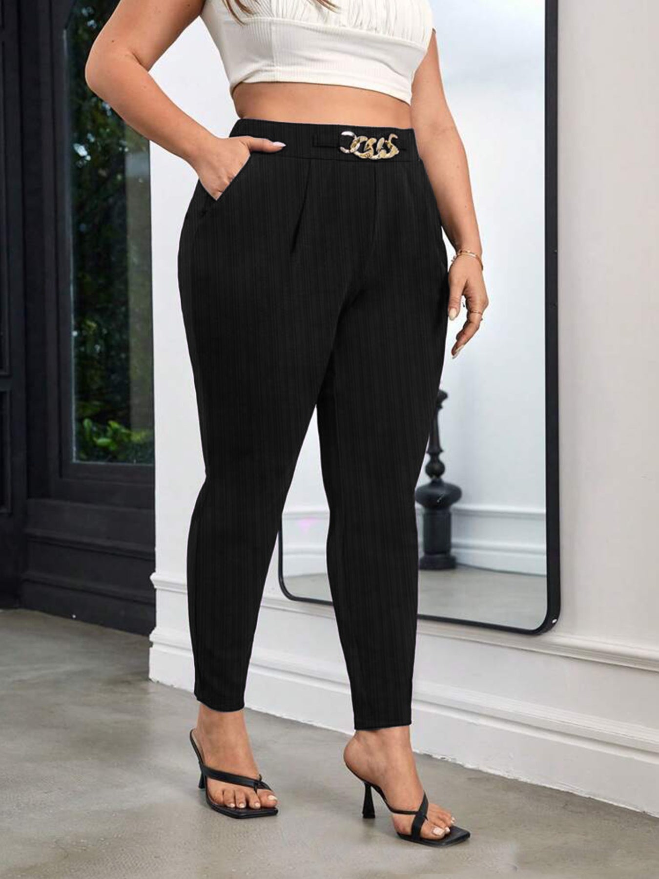 Plus Size High Waist Skinny Pants with Chain Detail and Pockets