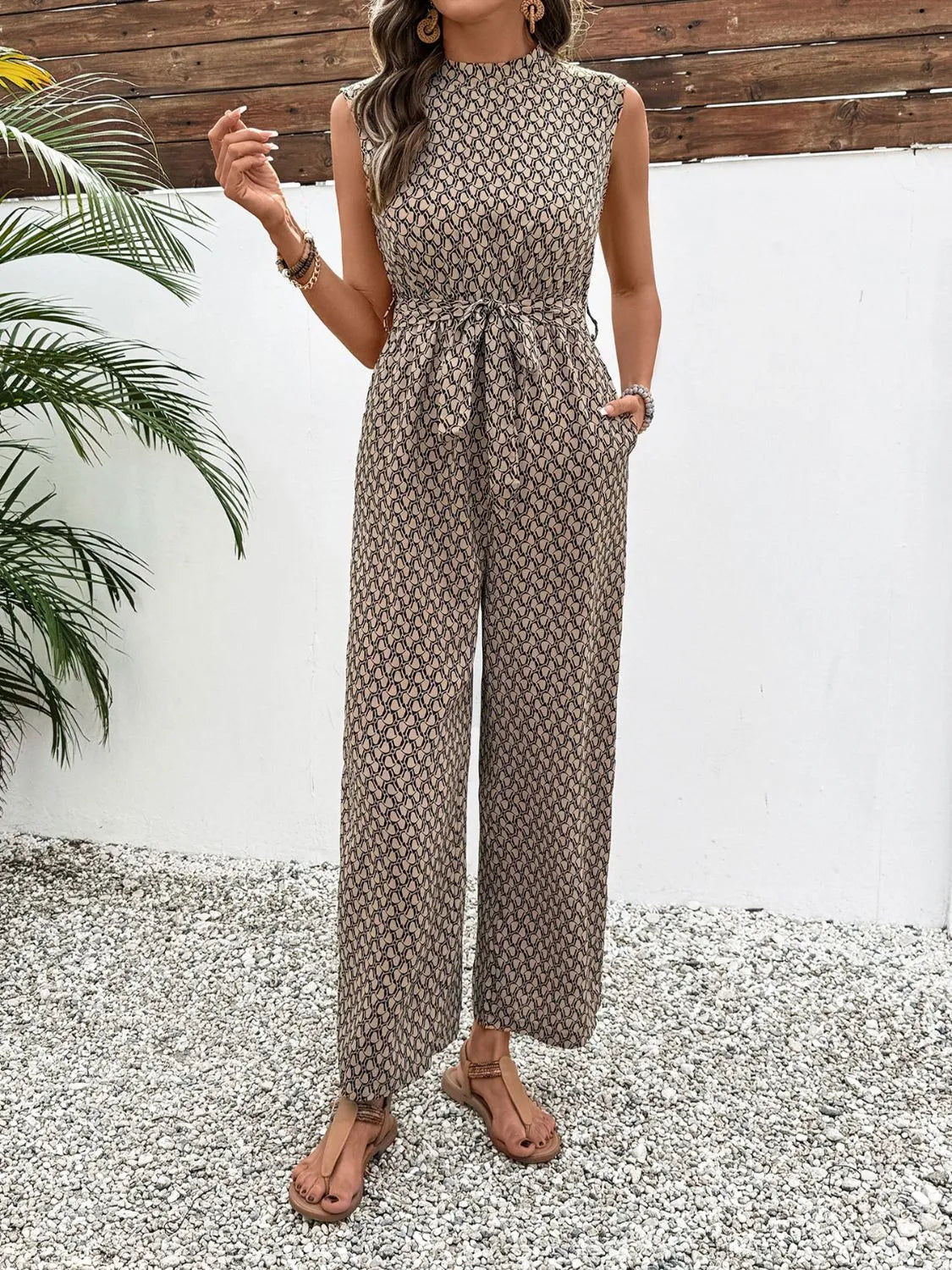 Sleeveless Mock Neck Jumpsuit with Print