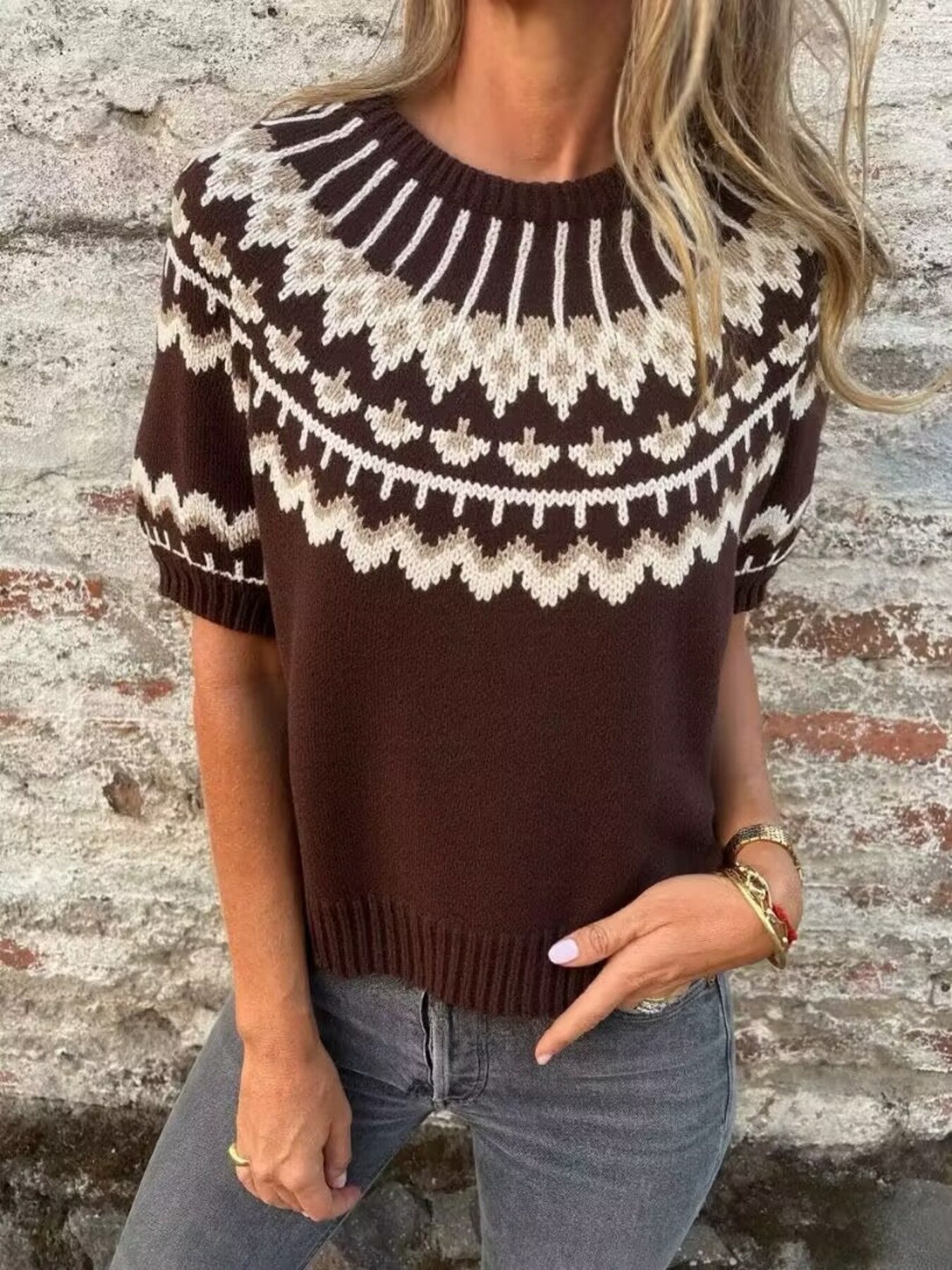 Short Sleeve Patterned Sweater - Vintage Style